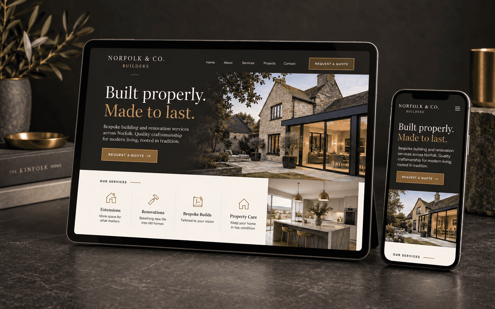 Responsive website concept for a fictional Norfolk building and renovation company, shown on a tablet and mobile phone